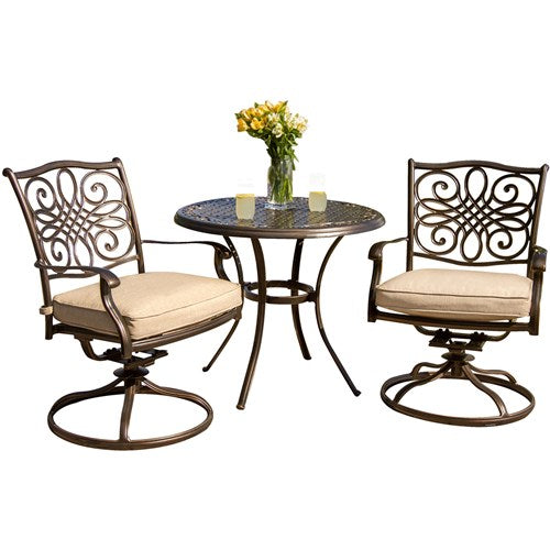 Hanover - Traditions 3pc: 2 Swivel Rockers, 32" Round Cast Table - Tan/Cast-United Backyard