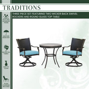 Hanover - Traditions 3pc: 2 Wicker Back Swivel Rockers, 30" Round Glass Table - Blue/Bronze-United Backyard