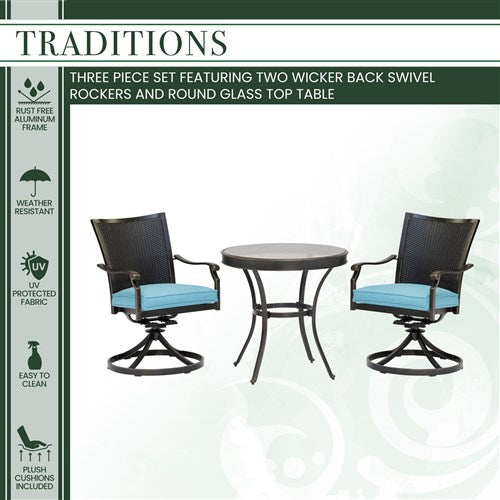 Hanover - Traditions 3pc: 2 Wicker Back Swivel Rockers, 30" Round Glass Table - Blue/Bronze-United Backyard