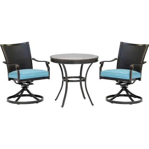 Hanover - Traditions 3pc: 2 Wicker Back Swivel Rockers, 30" Round Glass Table - Blue/Bronze-United Backyard