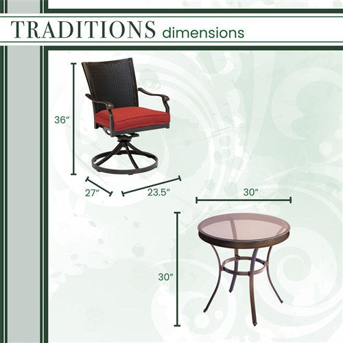Hanover - Traditions 3pc: 2 Wicker Back Swivel Rockers, 30" Round Glass Table - Red/Bronze-United Backyard
