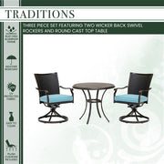 Hanover - Traditions 3pc: 2 Wicker Back Swivel Rockers, 32" Round Cast Table - Blue/Bronze-United Backyard