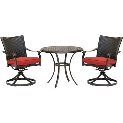 Hanover - Traditions 3pc: 2 Wicker Back Swivel Rockers, 32" Round Cast Table - Red/Bronze-United Backyard