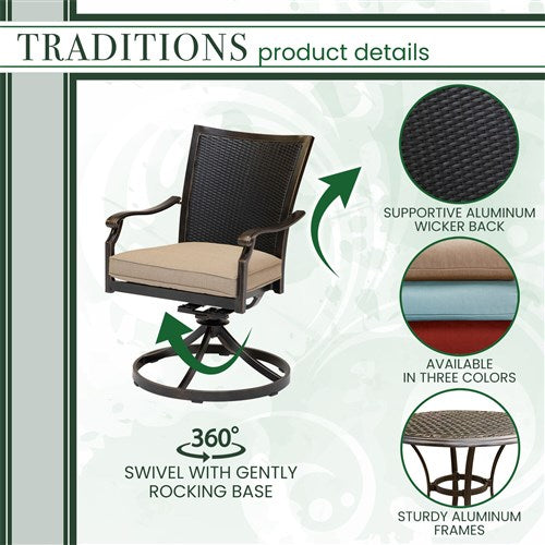 Hanover - Traditions 3pc: 2 Wicker Back Swivel Rockers, 32" Round Cast Table - Tan/Bronze-United Backyard