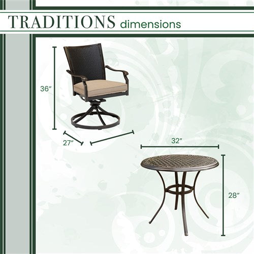 Hanover - Traditions 3pc: 2 Wicker Back Swivel Rockers, 32" Round Cast Table - Tan/Bronze-United Backyard
