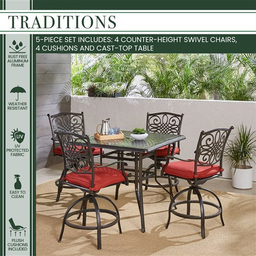 Hanover - Traditions 5pc: 4 Counter Height Swivel Chairs, 42" Square Cast Table-United Backyard