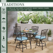 Hanover - Traditions 5pc: 4 Counter Height Swivel Chairs, 42" Square Cast Table-United Backyard