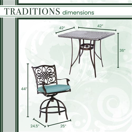 Hanover - Traditions 5pc: 4 Counter Height Swivel Chairs, 42" Square Cast Table-United Backyard