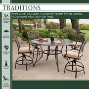 Hanover - Traditions 5pc: 4 Counter Height Swivel Chairs, 56" Rnd Cast Table-United Backyard