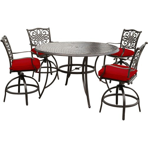 Hanover - Traditions 5pc: 4 Counter Height Swivel Chairs, 56" Rnd Cast Table-United Backyard