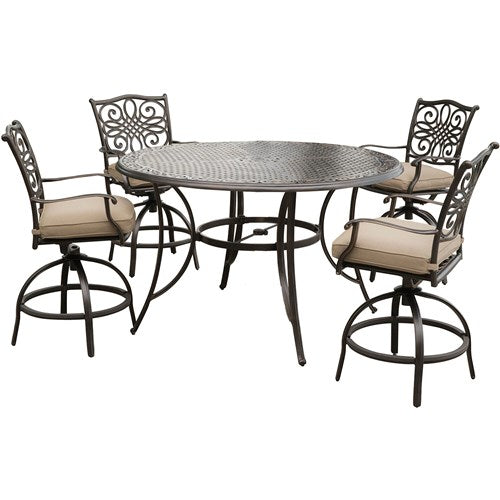 Hanover - Traditions 5pc: 4 Counter Height Swivel Chairs, 56" Rnd Cast Table-United Backyard