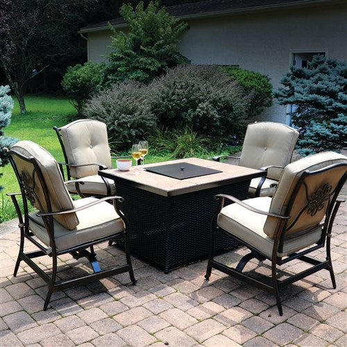 Hanover - Traditions 5pc: 4 Deep Seating Rockers and Woven Fire Pit with Tile Top - Tan/Bronze-United Backyard