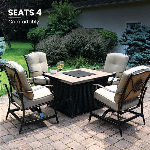 Hanover - Traditions 5pc: 4 Deep Seating Rockers and Woven Fire Pit with Tile Top - Tan/Bronze-United Backyard