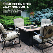Hanover - Traditions 5pc: 4 Deep Seating Rockers and Woven Fire Pit with Tile Top - Tan/Bronze-United Backyard
