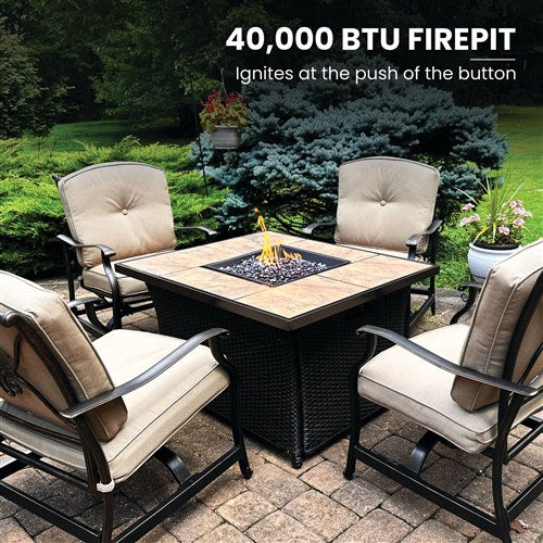 Hanover - Traditions 5pc: 4 Deep Seating Rockers and Woven Fire Pit with Tile Top - Tan/Bronze-United Backyard