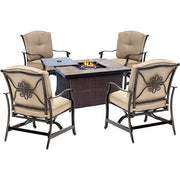 Hanover - Traditions 5pc: 4 Deep Seating Rockers and Woven Fire Pit with Tile Top - Tan/Bronze-United Backyard