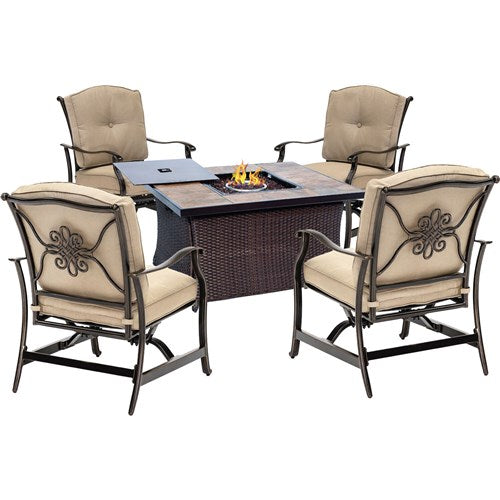 Hanover - Traditions 5pc: 4 Deep Seating Rockers and Woven Fire Pit with Tile Top - Tan/Bronze-United Backyard