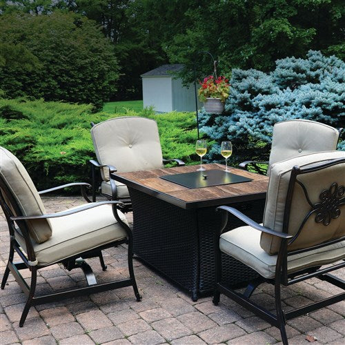Hanover - Traditions 5pc: 4 Deep Seating Rockers and Woven Fire Pit with Wood Tile Top - Tan/Bronze-United Backyard
