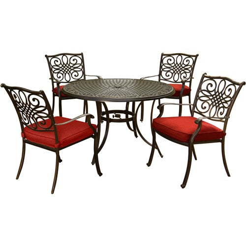 Hanover - Traditions 5pc: 4 Dining Chairs, 48" Round Cast Table - Red/Cast-United Backyard