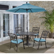 Hanover - Traditions 5pc: 4 Dining Chairs, 48" Round Cast Table, Umbrella, Base - Blue/Cast-United Backyard