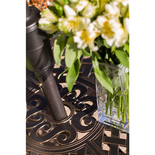 Hanover - Traditions 5pc: 4 Dining Chairs, 48" Round Cast Table, Umbrella, Base - Blue/Cast-United Backyard