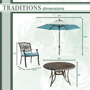 Hanover - Traditions 5pc: 4 Dining Chairs, 48" Round Cast Table, Umbrella, Base - Blue/Cast-United Backyard