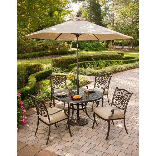 Hanover - Traditions 5pc: 4 Dining Chairs, 48" Round Cast Table, Umbrella, Base - Tan/Cast-United Backyard