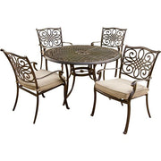 Hanover - Traditions 5pc: 4 Dining Chairs, 48" Round Cast Table, Umbrella, Base - Tan/Cast-United Backyard