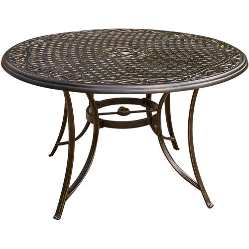 Hanover - Traditions 5pc: 4 Dining Chairs, 48" Round Cast Table, Umbrella, Base - Tan/Cast-United Backyard