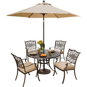 Hanover - Traditions 5pc: 4 Dining Chairs, 48" Round Cast Table, Umbrella, Base - Tan/Cast-United Backyard
