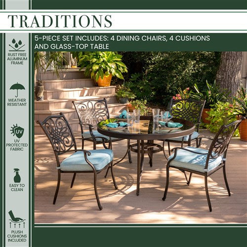 Hanover - Traditions 5pc: 4 Dining Chairs, 48" Round Glass Top Table - Blue/Glass-United Backyard