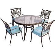 Hanover - Traditions 5pc: 4 Dining Chairs, 48" Round Glass Top Table - Blue/Glass-United Backyard