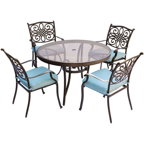 Hanover - Traditions 5pc: 4 Dining Chairs, 48" Round Glass Top Table - Blue/Glass-United Backyard