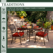 Hanover - Traditions 5pc: 4 Dining Chairs, 48" Round Glass Top Table - Red/Glass-United Backyard