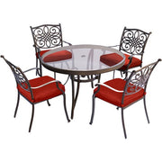 Hanover - Traditions 5pc: 4 Dining Chairs, 48" Round Glass Top Table - Red/Glass-United Backyard
