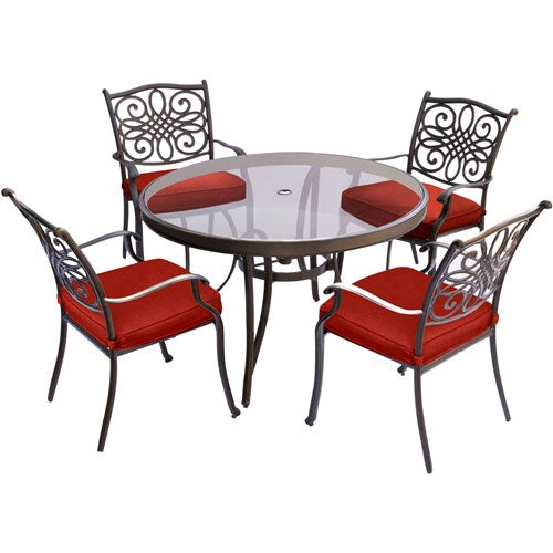 Hanover - Traditions 5pc: 4 Dining Chairs, 48" Round Glass Top Table - Red/Glass-United Backyard