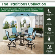 Hanover - Traditions 5pc: 4 Padded Swivel Center Height Chairs, 42" Cast Table, Umbrella, Base - Blue/Bronze-United Backyard
