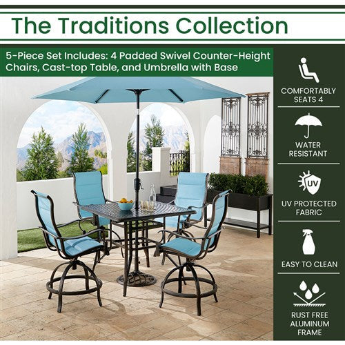 Hanover - Traditions 5pc: 4 Padded Swivel Center Height Chairs, 42" Cast Table, Umbrella, Base - Blue/Bronze-United Backyard
