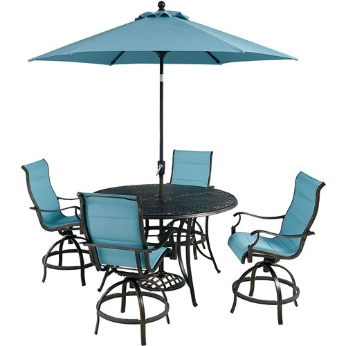 Hanover - Traditions 5pc: 4 Padded Swivel Center Height Chairs, 56" Cast Table, Umbrella, Base - Blue/Bronze-United Backyard