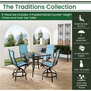 Hanover - Traditions 5pc: 4 Padded Swivel Counter Height Chairs, 42" Square Cast Table - Blue/Bronze-United Backyard