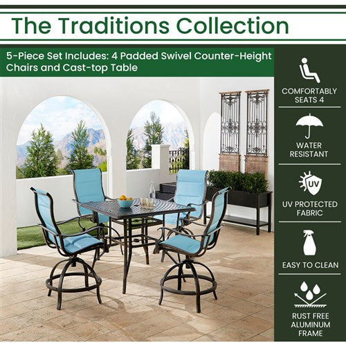 Hanover - Traditions 5pc: 4 Padded Swivel Counter Height Chairs, 42" Square Cast Table - Blue/Bronze-United Backyard