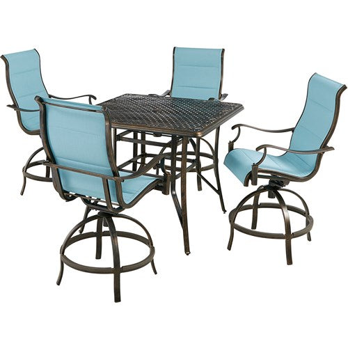 Hanover - Traditions 5pc: 4 Padded Swivel Counter Height Chairs, 42" Square Cast Table - Blue/Bronze-United Backyard