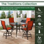 Hanover - Traditions 5pc: 4 Padded Swivel Counter Height Chairs, 42" Square Cast Table - Red/Bronze-United Backyard