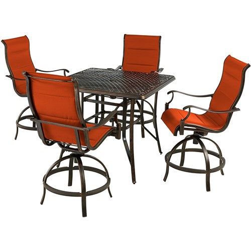 Hanover - Traditions 5pc: 4 Padded Swivel Counter Height Chairs, 42" Square Cast Table - Red/Bronze-United Backyard
