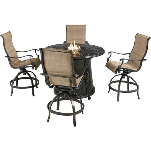 Hanover - Traditions 5pc: 4 Padded Swivel Counter Height Chairs, 48" Cast Fire Table - Tan/Bronze-United Backyard