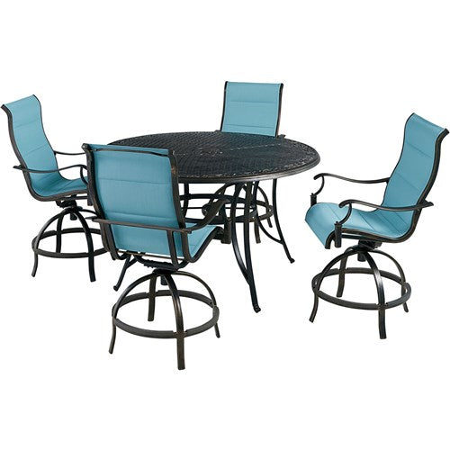 Hanover - Traditions 5pc: 4 Padded Swivel Counter Height Chairs, 56" Round Cast Table - Blue/Bronze-United Backyard