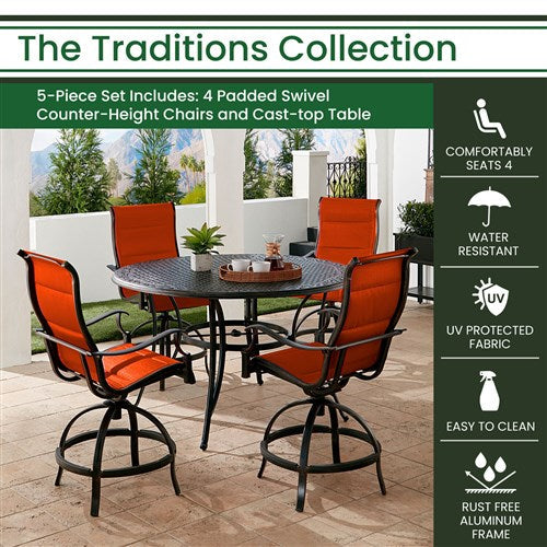 Hanover - Traditions 5pc: 4 Padded Swivel Counter Height Chairs, 56" Round Cast Table - Red/Bronze-United Backyard
