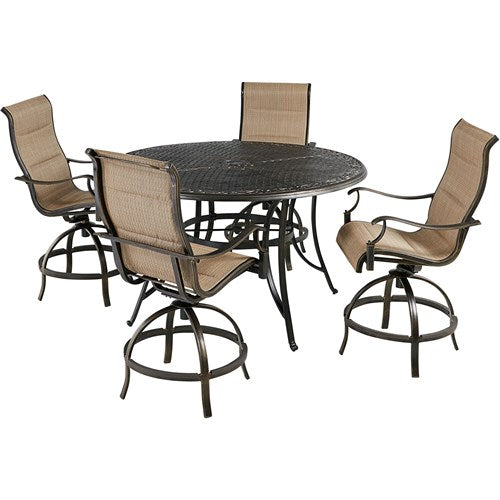 Hanover - Traditions 5pc: 4 Padded Swivel Counter Hght Chairs, 56" Round Cast Tbl - Tan/Bronze-United Backyard