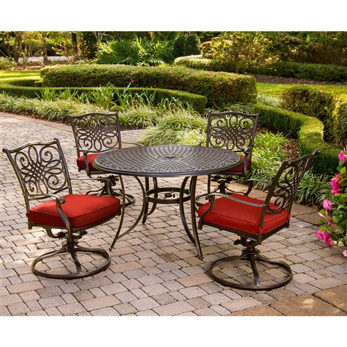 Hanover - Traditions 5pc: 4 Swivel Rockers, 48" Round Cast Table - Red/Cast-United Backyard
