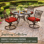 Hanover - Traditions 5pc: 4 Swivel Rockers, 48" Round Cast Table - Red/Cast-United Backyard